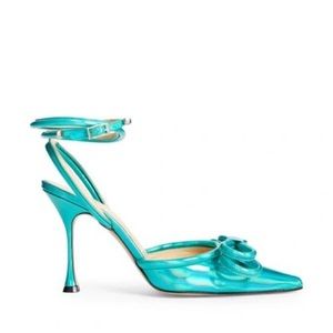 MACH & MACH Double Bow Ankle Strap shimmering iridescent turquoise heels